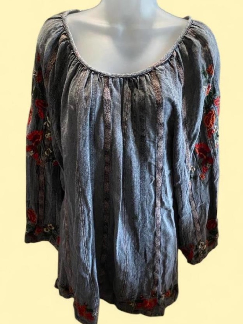 Avanti Gray Blouse with Red and Green Embroidery